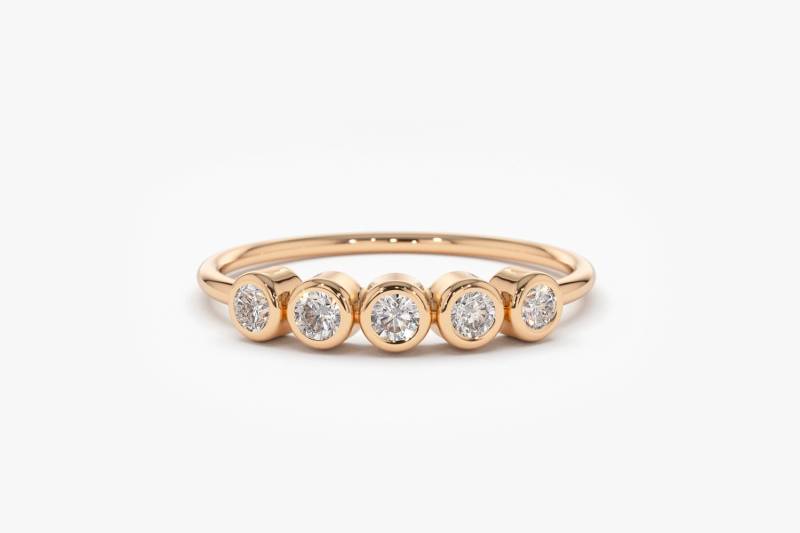 14K Rose Gold Diamant Ring/Rundschliff Lünette Set Ehering Einfache Dünne Goldband Weißer von FerkosFineJewelry
