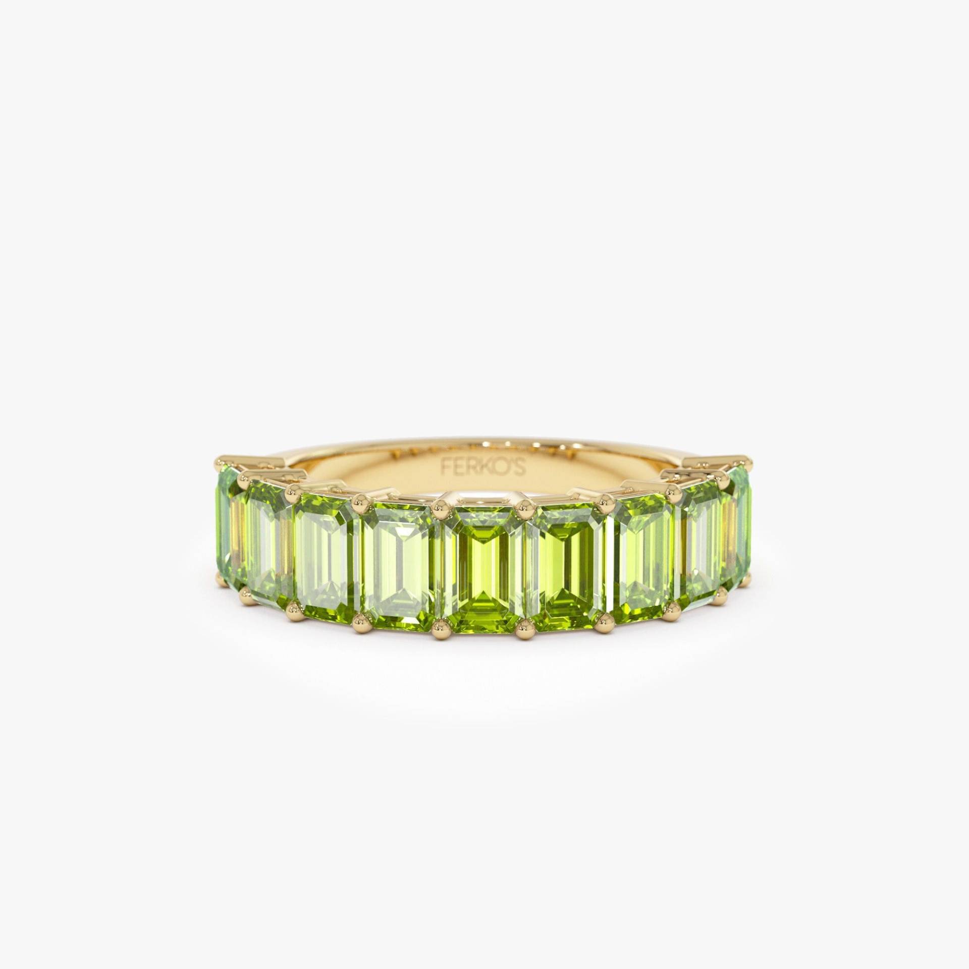 14K Solid Gold Smaragd Cut Neun Stein Natürlicher Peridot Ring, August Birthstone Push Gegenwart 5x3mm Halbe Ewigkeit Ring von FerkosFineJewelry