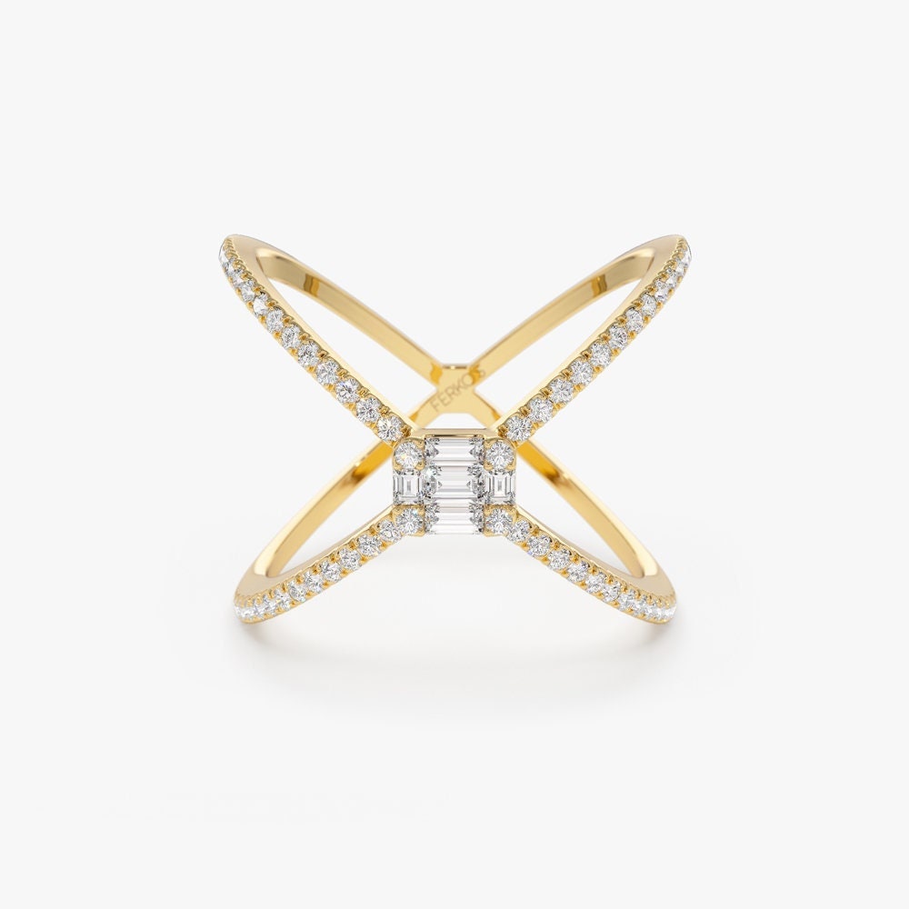 Criss Cross Ring/14K Gold Baguette Und Runder Diamant Illusion Statement Kreuz Von Ferkos Fine Jewelry von FerkosFineJewelry