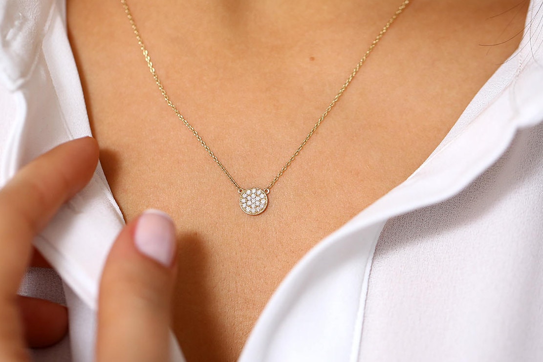 Diamant Halskette/Diamantscheibe Aus 585Er Gold Kreiskette Diamantscheibe, Geschenk Für Mama, Geschenkidee Bestanden von FerkosFineJewelry