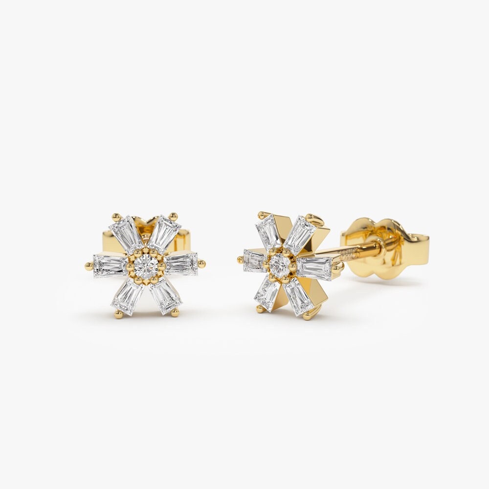 Diamant Ohrstecker/14K Gold Blumen Design Baguette Ohrringe Von Ferkos Fine Jewelry von FerkosFineJewelry