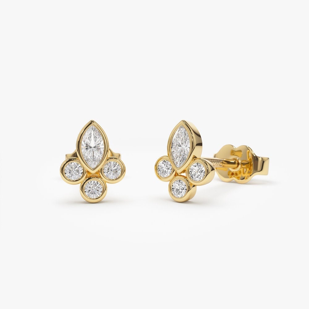 Diamant Ohrstecker/14K Gold Marquise Form Und Runde Ohrringe Cluster Mix Ferkos Feiner Schmuck von FerkosFineJewelry