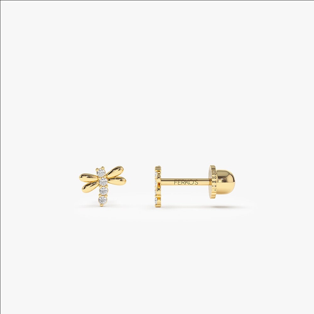 Diamant-Piercing/Bienen-Ohrstecker 14 Karat Gold Diamant-Bienen-Piercing Bienen-Schmuck Knorpel-Helix-Piercing Mit Schraubverschluss, Ferkos von FerkosFineJewelry