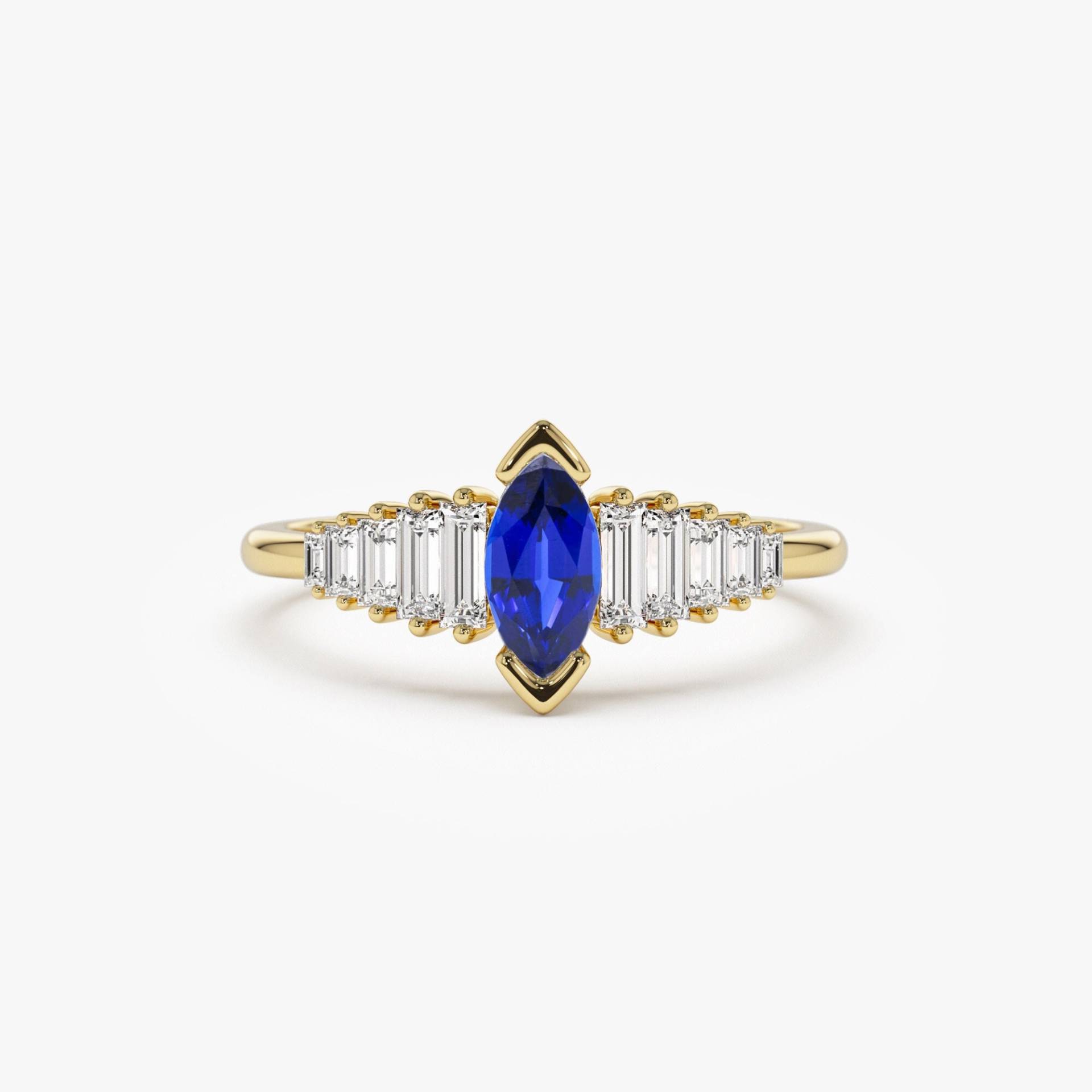 Saphirring, 14K Gold Saphir Verlobungsring, Marquise Jubiläumsring Mit Baguette Akzentsteinen, September Birthstone Geschenk von FerkosFineJewelry