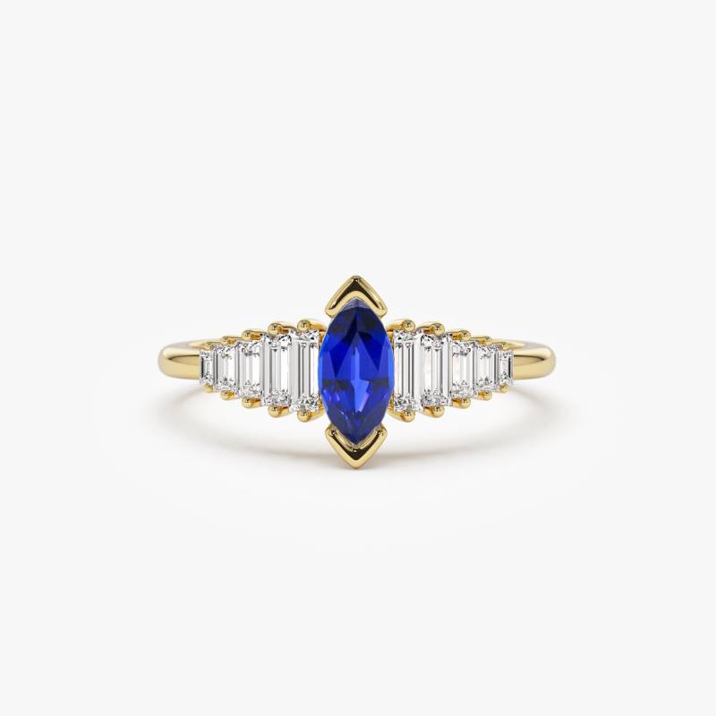 14K Gold Marquise Saphir Ring, Baguette Diamant Jahrestag von FerkosFineJewelry