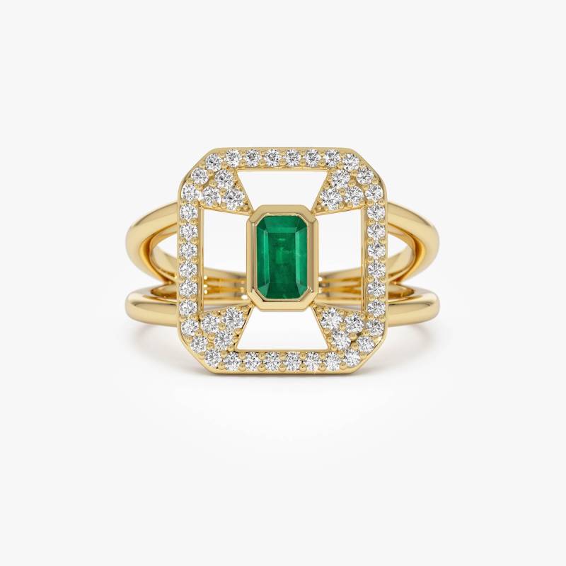 Smaragd Diamant Ring, 14K Gold Art Deco Design Halo Doppelband Statement Smaragdring Im Oktagonschliff, Einzigartiger Cocktailring von FerkosFineJewelry