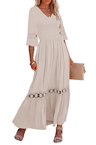 Ferlema Boho-Kleid für Damen, V-Ausschnitt, Rüschenärmel, Cocktail, Strand, Party, Maxikleid mit Taschen, B-apricot, X-Groß von Ferlema