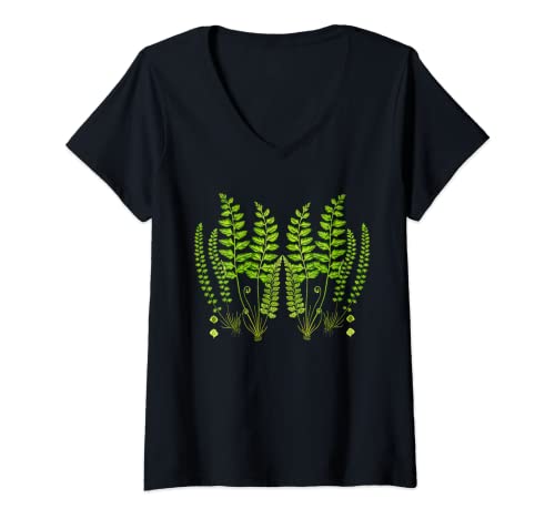 Damen Farn-Grün-Grafik T-Shirt mit V-Ausschnitt Damen Farn-Grün-Grafik T-Shirt mit V-Ausschnitt von Fern T Shirt