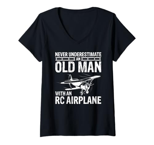 Damen Unterschätze Niemals Einen Alten Mann Mit Fernflugzeug T-Shirt mit V-Ausschnitt Damen Unterschätze Niemals Einen Alten Mann Mit Fernflugzeug T-Shirt mit V-Ausschnitt von Fernsteuerungsflugzeug Witziger Spruch