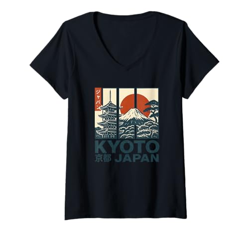 Damen Kyoto Japan Vintage Retro Japan Reise Design T-Shirt mit V-Ausschnitt Damen Kyoto Japan Vintage Retro Japan Reise Design T-Shirt mit V-Ausschnitt von Fernweh Designs