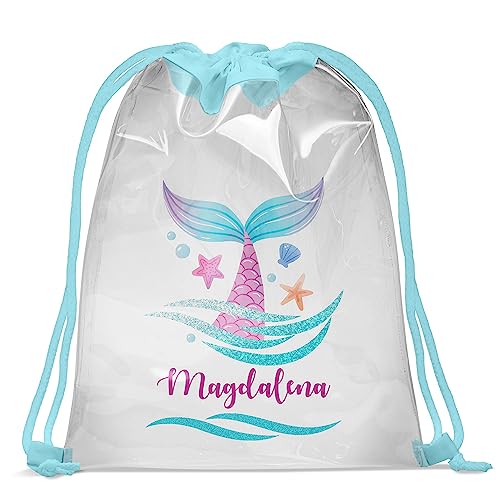 Ferocity Personalisierbar Kinder Schwimmbad Turnbeutel mit Namen Transparent 30 x 40 cm Wasserfeste Tasche mit UV Print Gymsac Bag Fitness Mädchen Mermaid Tail [010] von Ferocity