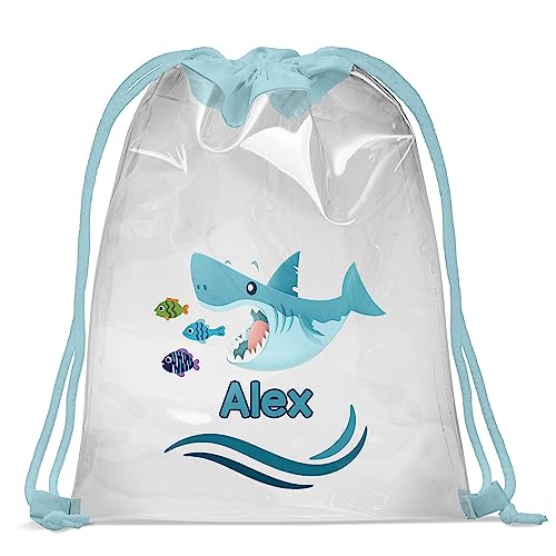 Ferocity Personalisiert Kinder Schwimmbad Turnbeutel mit Namen Transparenter Beutel 30 x 40 cm Wasserfeste Tasche mit UV Print Gymsac Bag Fitness Junge Shark [010] von Ferocity