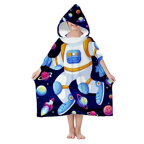Poncho mit Kapuze für Kinder, 70 cm Badeponcho | Robe Bademantel für Jungen aus Microfaser | Saugfähiger Schnell Trocknender Badetüch mit Bunten Kindermotiv Model Astronaut [163] von Ferocity