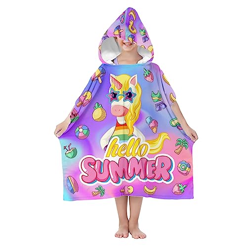 Ferocity Poncho mit Kapuze für Kinder, 70 cm Badeponcho | Robe Bademantel für Mädchen aus Microfaser | Saugfähiger Schnell Trocknender Badetüch mit Bunten Kindermotiv Model Sommer Einhorn [163] von Ferocity