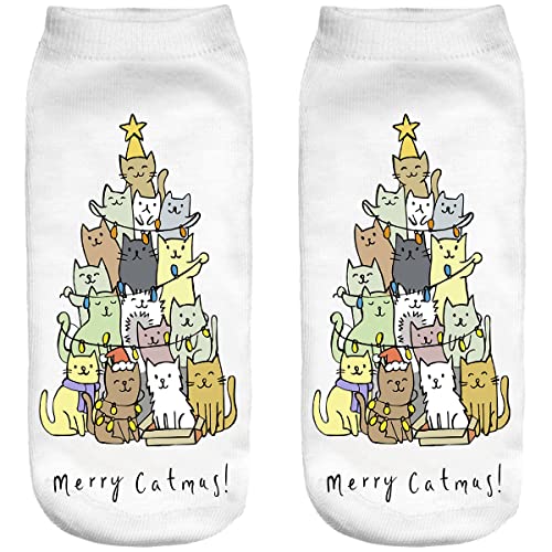 Ferocity Weihnachten Lustige Socken Sneaker Halbsocken Strümpfe Sportsocken für Frauen EU 34-36 Füßlinge mit Motiv 3D Merry Catmas [001] von Ferocity