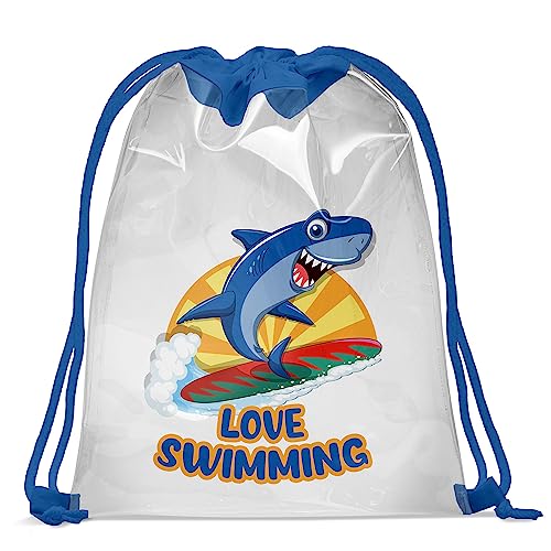 Kinder Schwimmbad Turnbeutel Transparenter Beutel 30 x 40 cm Wasserfeste Tasche mit UV Print Gymsac Jutebeutel Print Bag Fitness Junge Shark [010] von Ferocity