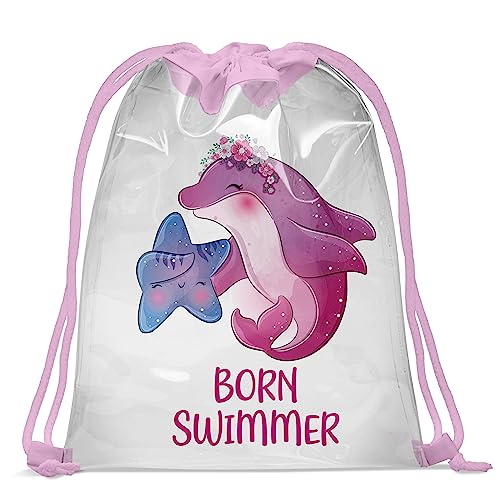 Kinder Schwimmbad Turnbeutel Transparenter Beutel 30 x 40 cm Wasserfeste Tasche mit UV Print Gymsac Jutebeutel Print Bag Fitness Mädchen Born Swimmer Girl [010] von Ferocity