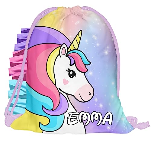 Kinder Turnbeutel mit Namen Bunte Beutel Fullprint Tasche Gymsac 30 x 40 cm Print Bag Fitness Mädchen Unicorn mit Regenbogen Mähne [010] von Ferocity