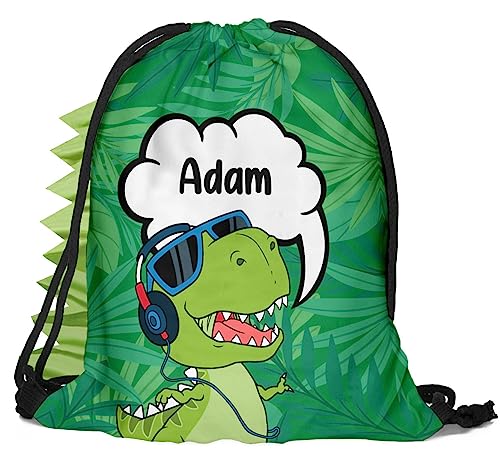 Kinder Turnbeutel mit Namen Bunte Beutel Fullprint Tasche Gymsac 30 x 40 cm cm Print Bag Fitness Jungen Dino T-Rex mit Grat [010] von Ferocity