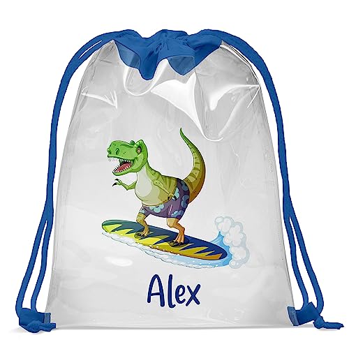 Personalisierbar Kinder Schwimmbad Turnbeutel mit Namen Transparenter Beutel 30 x 40 cm Wasserfeste Tasche mit UV Print Gymsac Jutebeutel Print Bag Fitness Junge Dino [010] von Ferocity