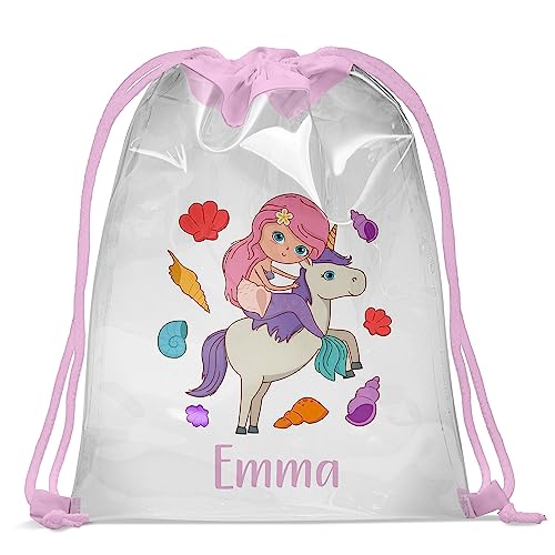 Personalisierbar Kinder Schwimmbad Turnbeutel mit Namen Transparenter Beutel 30 x 40 cm Wasserfeste Tasche mit UV Print Gymsac Jutebeutel Print Bag Fitness Mädchen Mermaid 2 [010] von Ferocity