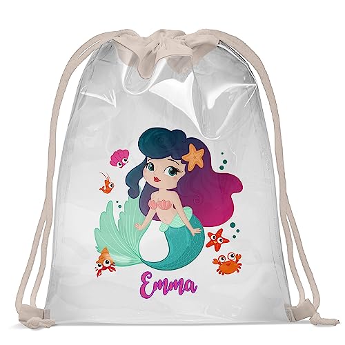 Personalisierbar Kinder Schwimmbad Turnbeutel mit Namen Transparenter Beutel 30 x 40 cm Wasserfeste Tasche mit UV Print Gymsac Jutebeutel Print Bag Fitness Mädchen Mermaid 3 [010] von Ferocity