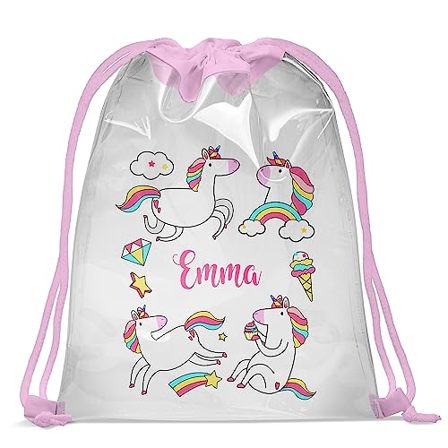 Personalisierbar Kinder Schwimmbad Turnbeutel mit Namen Transparenter Beutel 30 x 40 cm Wasserfeste Tasche mit UV Print Gymsac Jutebeutel Print Bag Fitness Mädchen Unicorns [010] von Ferocity