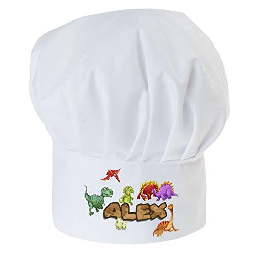 Personalisierte Kochmütze Für Kinder Jungen und Mädchen Weiß Kochhaube mit Ihrem Wunschtext/Grafik Klettverschluss Dinosaurier mit Namen [099] von Ferocity