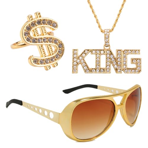 Hip Hop Zubehör Kit: Goldene Sonnenbrille Party - KING Goldkette Fasching - Dollar Ring,70er 80er 90er Jahre Zuhälter Kostüm Accessoires,Kostüm Rapper für Hip Hop Rapper Karneval Fasching Mottoparty von FerraDrend