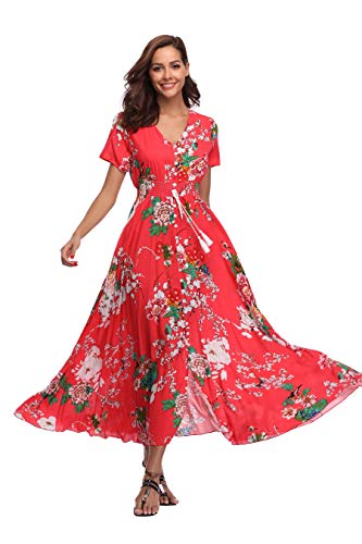 Ferrendo Damen Floral Maxi Kleid Button Up Split Flowy Bohemian Party Strandkleider, Rot/Ausflug, einfarbig (Getaway Solids), Groß von Ferrendo