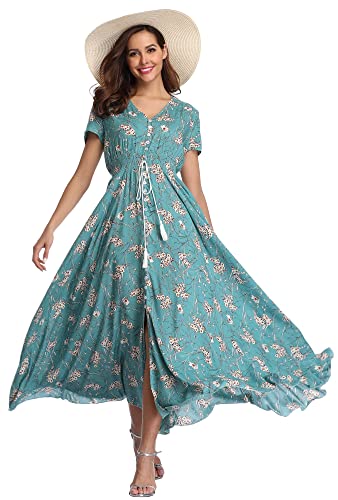 Ferrendo Damen Floral Maxikleid Knopfleiste Split Flowy Bohemian Party Kleider Strandkleider, türkis, X-Groß von Ferrendo