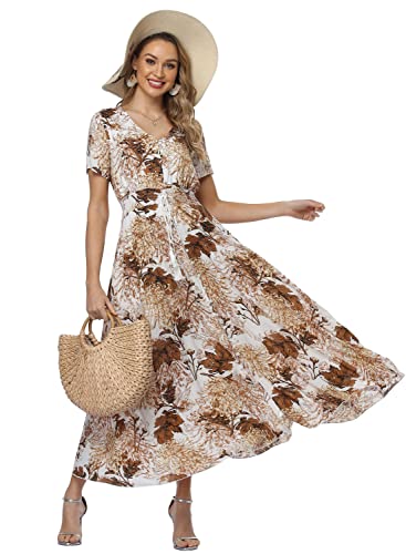 Ferrendo Damen Floral Maxikleid Knopfleiste Split Flowy Bohemian Party Strandkleider, Fkhaki-51, Mittel von Ferrendo