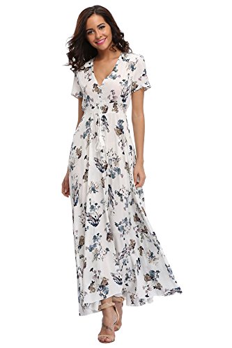 Ferrendo Damen Floral Maxikleid Knopfleiste Split Flowy Bohemian Party Strandkleider, Weiß 01, Mittel von Ferrendo