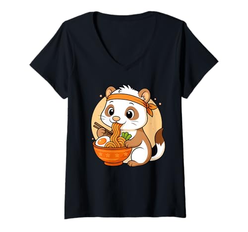 Damen Kawaii Frettchen Essen Ramen Grafik Japanisches Frettchen Grafik T-Shirt mit V-Ausschnitt Damen Kawaii Frettchen Essen Ramen Grafik Japanisches Frettchen Grafik T-Shirt mit V-Ausschnitt von Ferret Eating Ramen Funny Japanese Kawaii Design