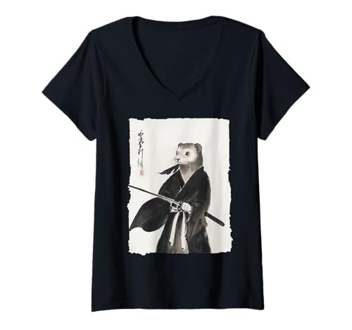 Damen Frettchen Samurai Janpanese Vintage Warrior Art Anime Grafik T-Shirt mit V-Ausschnitt Damen Frettchen Samurai Janpanese Vintage Warrior Art Anime Grafik T-Shirt mit V-Ausschnitt von Ferret Samurai Apparel Gifts Graphic Tees