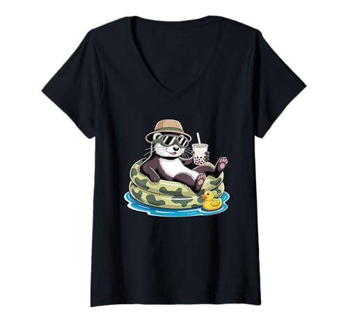 Damen Frettchen Boba Perle Milchtee T-Shirt mit V-Ausschnitt Damen Frettchen Boba Perle Milchtee T-Shirt mit V-Ausschnitt von Ferrets Ferret Lover Gifts