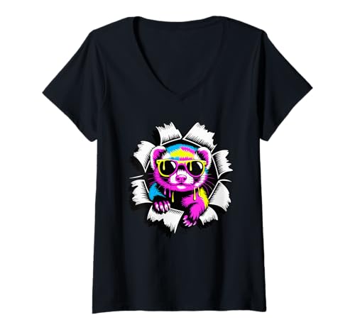 Damen Gerissener Papiereffekt Frettchen Sonnenbrille T-Shirt mit V-Ausschnitt Damen Gerissener Papiereffekt Frettchen Sonnenbrille T-Shirt mit V-Ausschnitt von Ferrets Ferret Lover Gifts