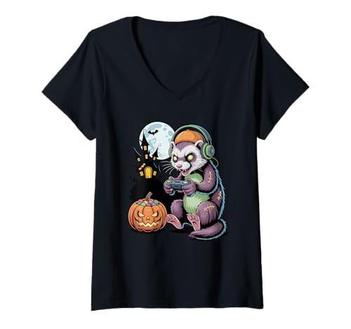 Damen Halloween Frettchen Gamer Verlassenes Schloss Video Gaming T-Shirt mit V-Ausschnitt Damen Halloween Frettchen Gamer Verlassenes Schloss Video Gaming T-Shirt mit V-Ausschnitt von Ferrets Ferret Lover Gifts