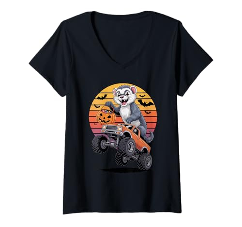 Damen Halloween Monstertruck Frettchen T-Shirt mit V-Ausschnitt von Ferrets Ferret Lover Gifts