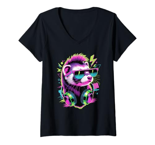 Damen Punk Ära Stil Frettchen Sonnenbrille T-Shirt mit V-Ausschnitt Damen Punk Ära Stil Frettchen Sonnenbrille T-Shirt mit V-Ausschnitt von Ferrets Ferret Lover Gifts
