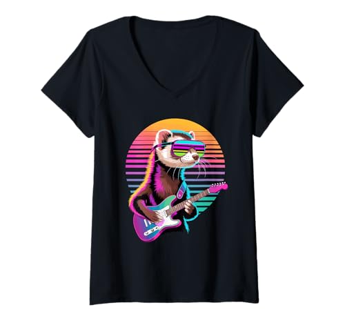 Damen Retro Frettchen Gitarrist Gitarre T-Shirt mit V-Ausschnitt Damen Retro Frettchen Gitarrist Gitarre T-Shirt mit V-Ausschnitt von Ferrets Ferret Lover Gifts