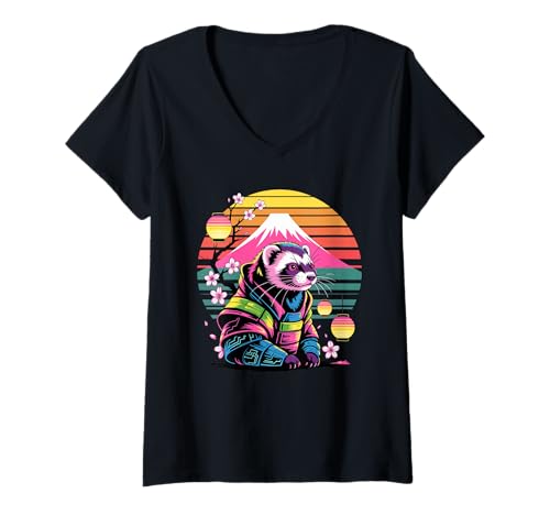 Damen Retro Samurai Frettchen T-Shirt mit V-Ausschnitt Damen Retro Samurai Frettchen T-Shirt mit V-Ausschnitt von Ferrets Ferret Lover Gifts