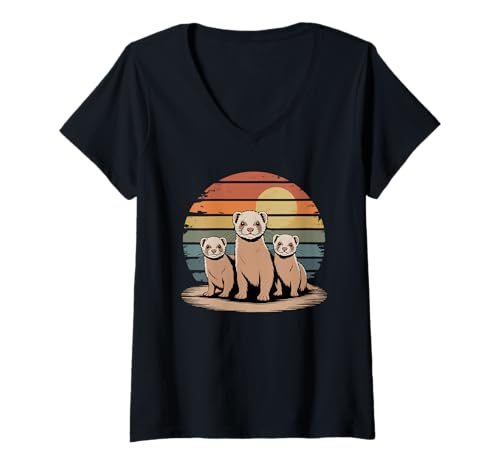 Damen Retro Sonnenuntergang Frettchen Silhouette T-Shirt mit V-Ausschnitt Damen Retro Sonnenuntergang Frettchen Silhouette T-Shirt mit V-Ausschnitt von Ferrets Ferret Lover Gifts