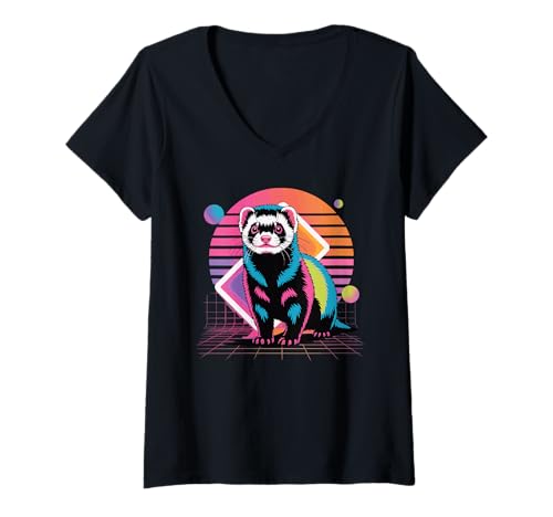 Damen Retro Synthwave Frettchen T-Shirt mit V-Ausschnitt Damen Retro Synthwave Frettchen T-Shirt mit V-Ausschnitt von Ferrets Ferret Lover Gifts