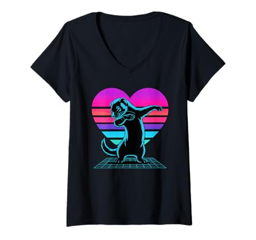 Damen Retrowave Herz Dabender Frettchen T-Shirt mit V-Ausschnitt Damen Retrowave Herz Dabender Frettchen T-Shirt mit V-Ausschnitt von Ferrets Ferret Lover Gifts