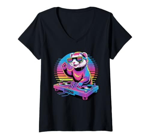 Damen Synthwave Frettchen DJ Sonnenbrille T-Shirt mit V-Ausschnitt Damen Synthwave Frettchen DJ Sonnenbrille T-Shirt mit V-Ausschnitt von Ferrets Ferret Lover Gifts