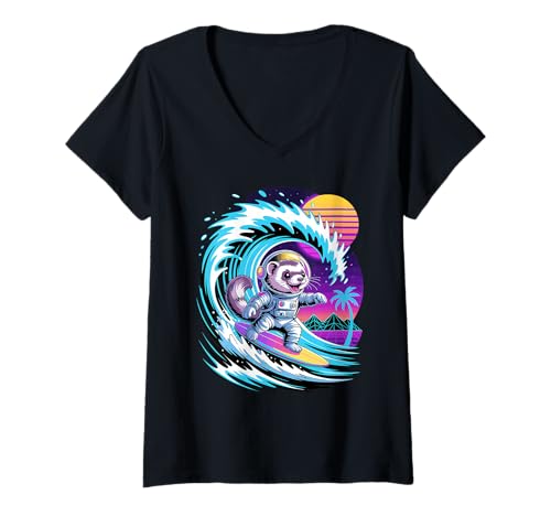 Damen Synthwave Surfer Frettchen Astronaut T-Shirt mit V-Ausschnitt Damen Synthwave Surfer Frettchen Astronaut T-Shirt mit V-Ausschnitt von Ferrets Ferret Lover Gifts