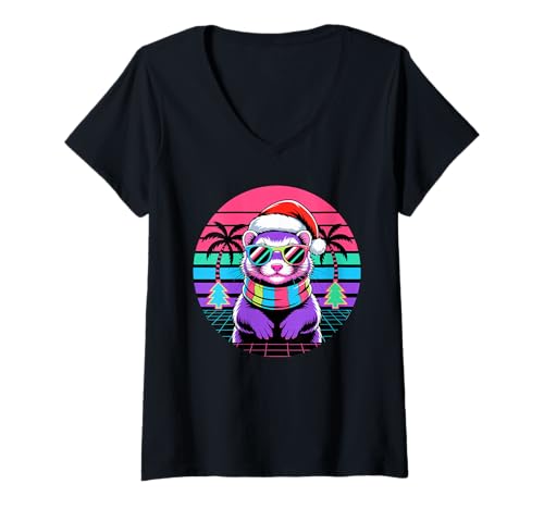Damen Weihnachten Synthwave Frettchen Sonnenbrille T-Shirt mit V-Ausschnitt Damen Weihnachten Synthwave Frettchen Sonnenbrille T-Shirt mit V-Ausschnitt von Ferrets Ferret Lover Gifts