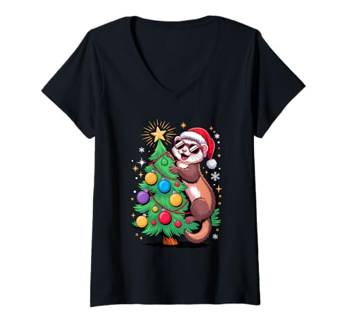 Damen Weihnachtsbaum Frettchen Sonnenbrille T-Shirt mit V-Ausschnitt Damen Weihnachtsbaum Frettchen Sonnenbrille T-Shirt mit V-Ausschnitt von Ferrets Ferret Lover Gifts