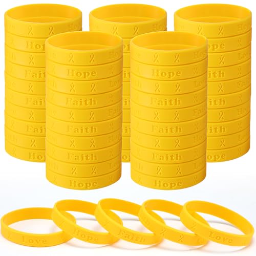Krebs-Bewusstseins-Armbänder, Großpackung, Gold, Krebsbewusstseinsartikel, Silikon, gelbes Band, Gummi-Armbänder, Hoffnung, Glaube, Liebe, inspirierendes Armband für Veranstaltungen, Spendenaktionen von Ferreve